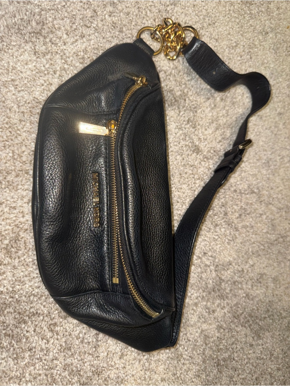 Michael Kors Black Leather Belt Bag with Gold Hardware Chain Detail